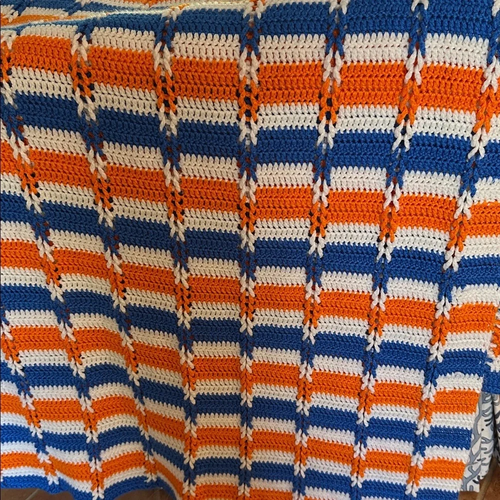 Handmade Crochet University of Floral Orange, White, and Blue stripe Bed Spread